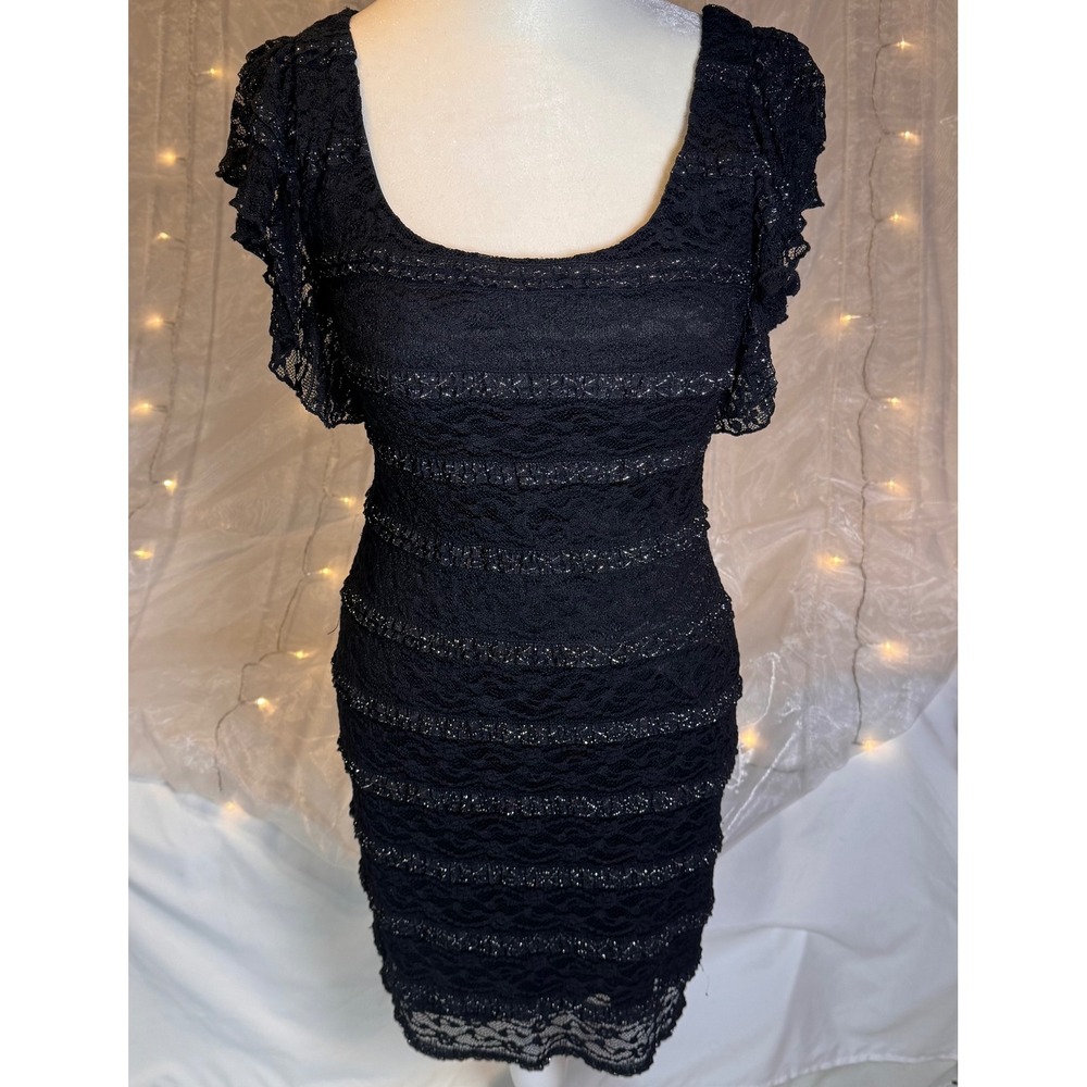 Guess Black Lace Midi Dress size 0 Adorned w/ Shimmering Silver metallic accent